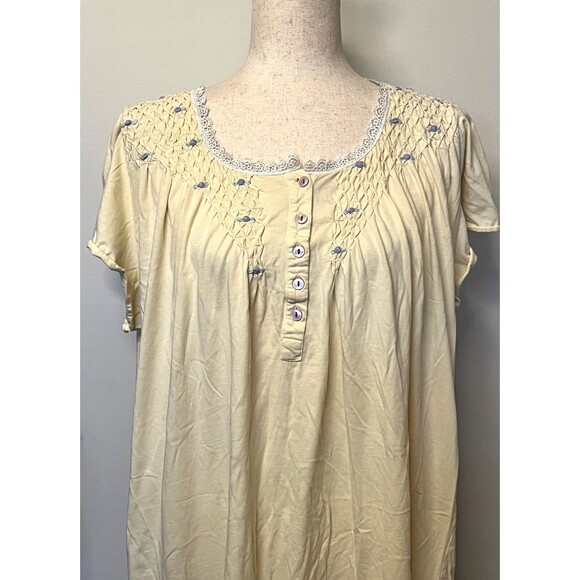 Sante Classics Womens 1X Yellow Nightgown Cotton Floral Smocking Ruffle Hem Lace - Picture 2 of 10